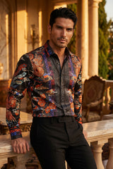 Barabas Wholesale Men's Rhinestone Floral Rooster Long Sleeve Shirts 4SPR10 Black