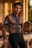 Barabas Wholesale Men's Rhinestone Floral Rooster Long Sleeve Shirts 4SPR10 Black