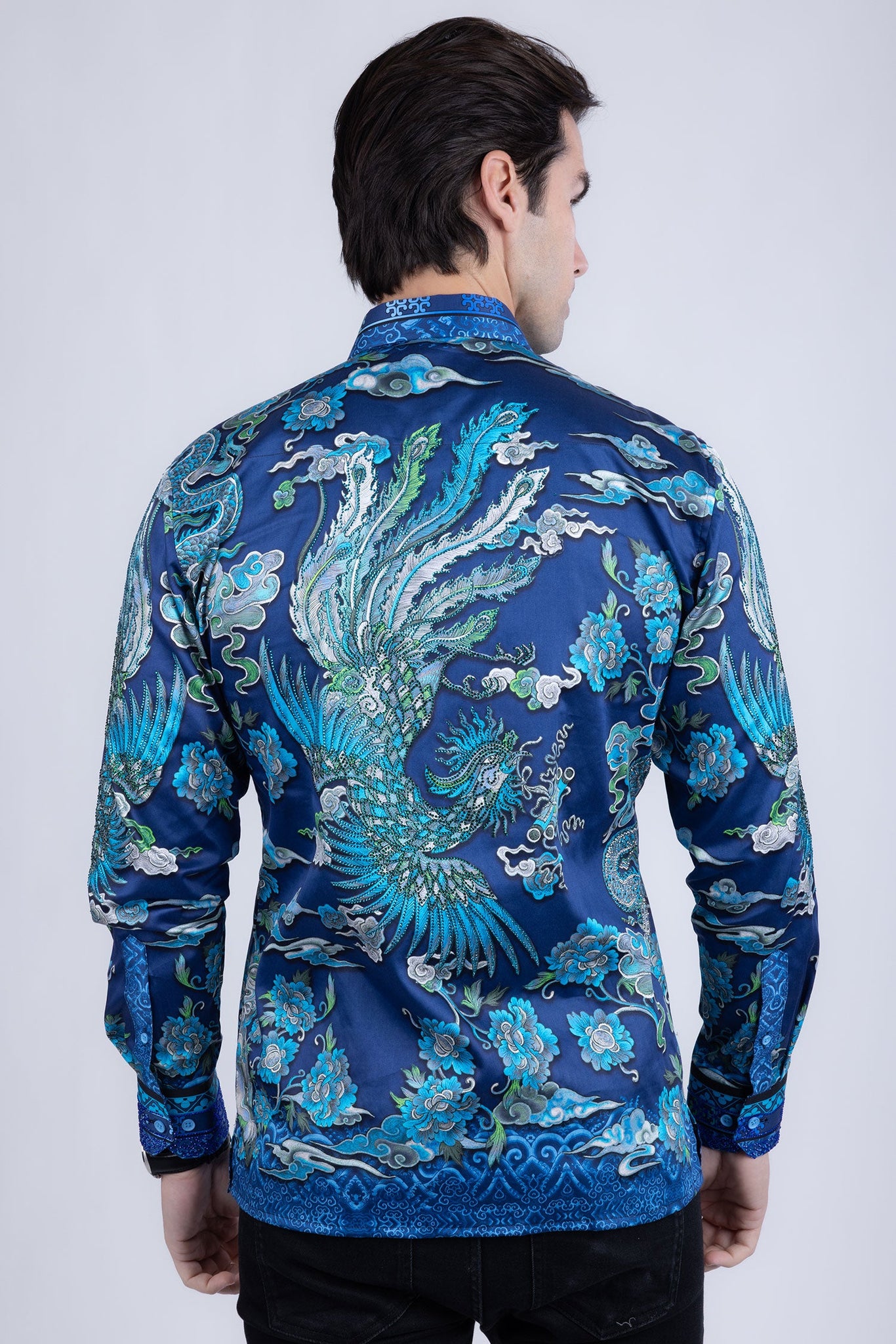 Barabas Wholesale Men's Rhinestone Floral Rooster Long Sleeve Shirts 4SPR10 Blue