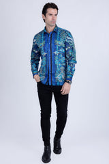 Barabas Wholesale Men's Rhinestone Floral Rooster Long Sleeve Shirts 4SPR10 Blue