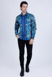 Barabas Wholesale Men's Rhinestone Floral Rooster Long Sleeve Shirts 4SPR10 Blue