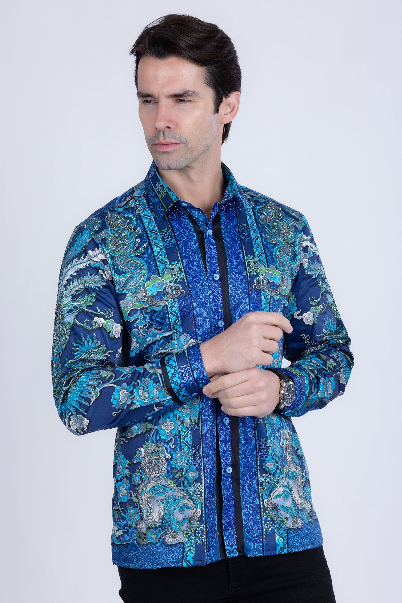 Barabas Wholesale Men's Rhinestone Floral Rooster Long Sleeve Shirts 4SPR10 Blue