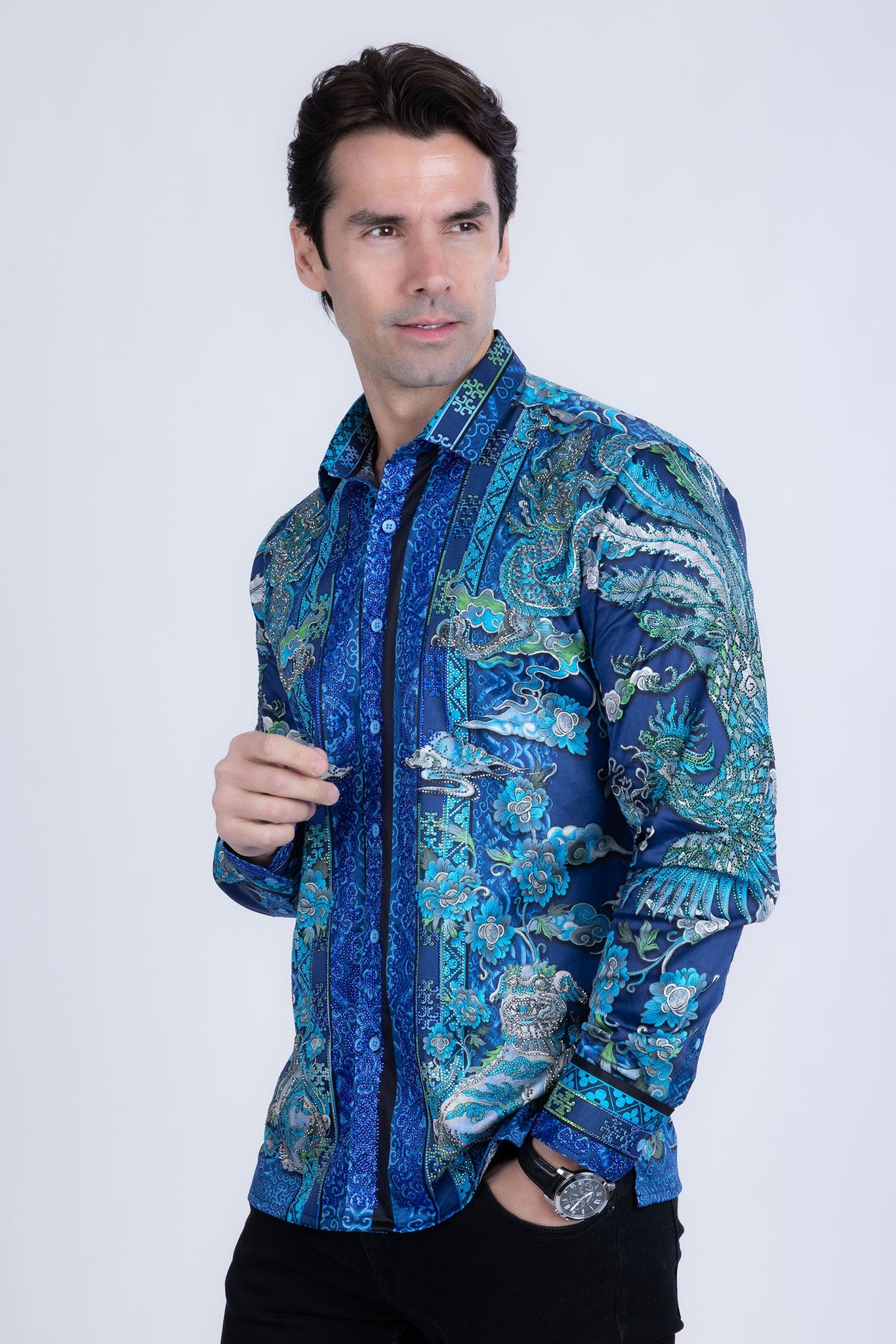 Barabas Wholesale Men's Rhinestone Floral Rooster Long Sleeve Shirts 4SPR10 Blue 