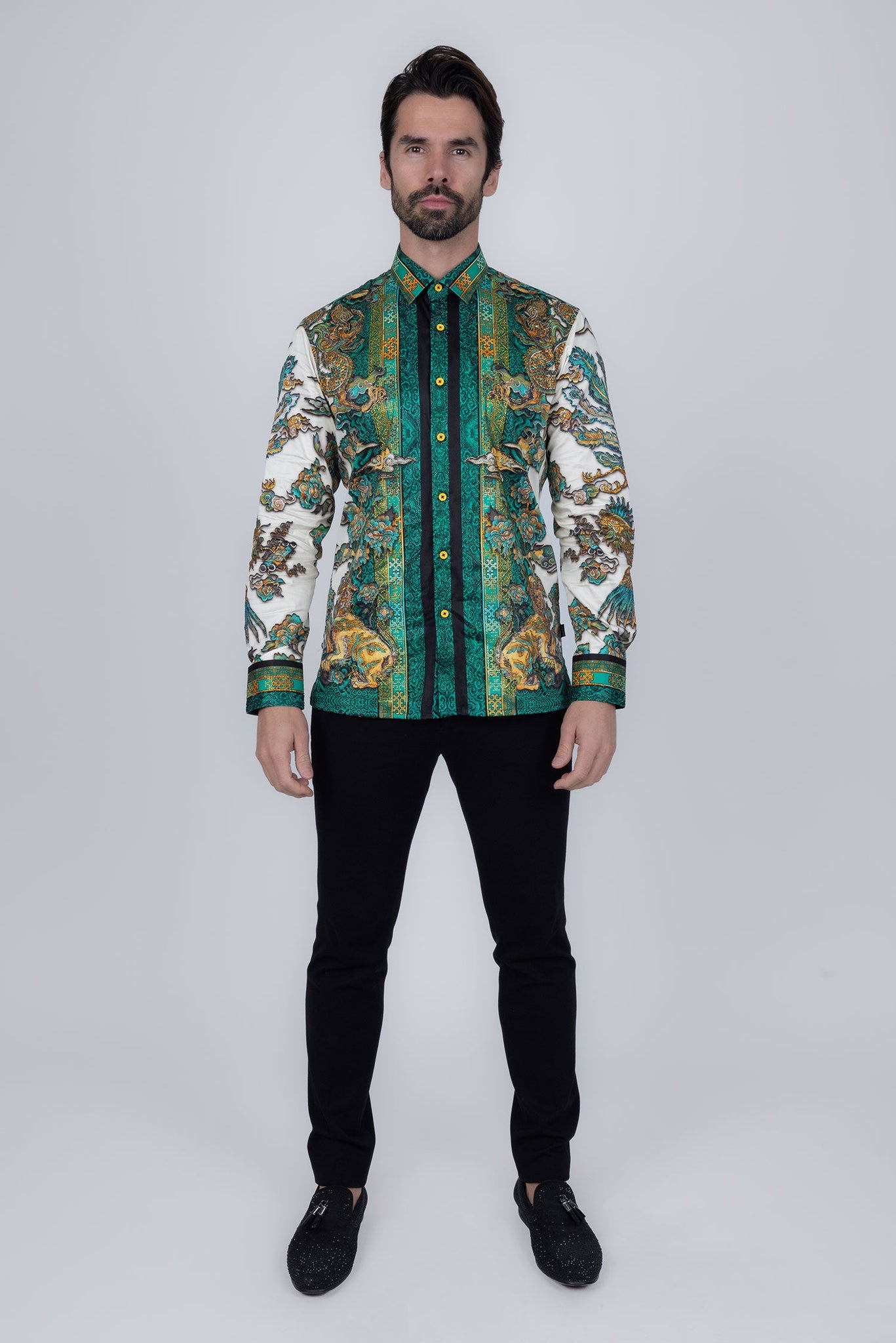 Barabas Wholesale Men's Rhinestone Floral Rooster Long Sleeve Shirts 4SPR10 Green