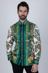 Barabas Wholesale Men's Rhinestone Floral Rooster Long Sleeve Shirts 4SPR10 Green