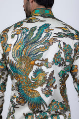 Barabas Wholesale Men's Rhinestone Floral Rooster Long Sleeve Shirts 4SPR10 Green