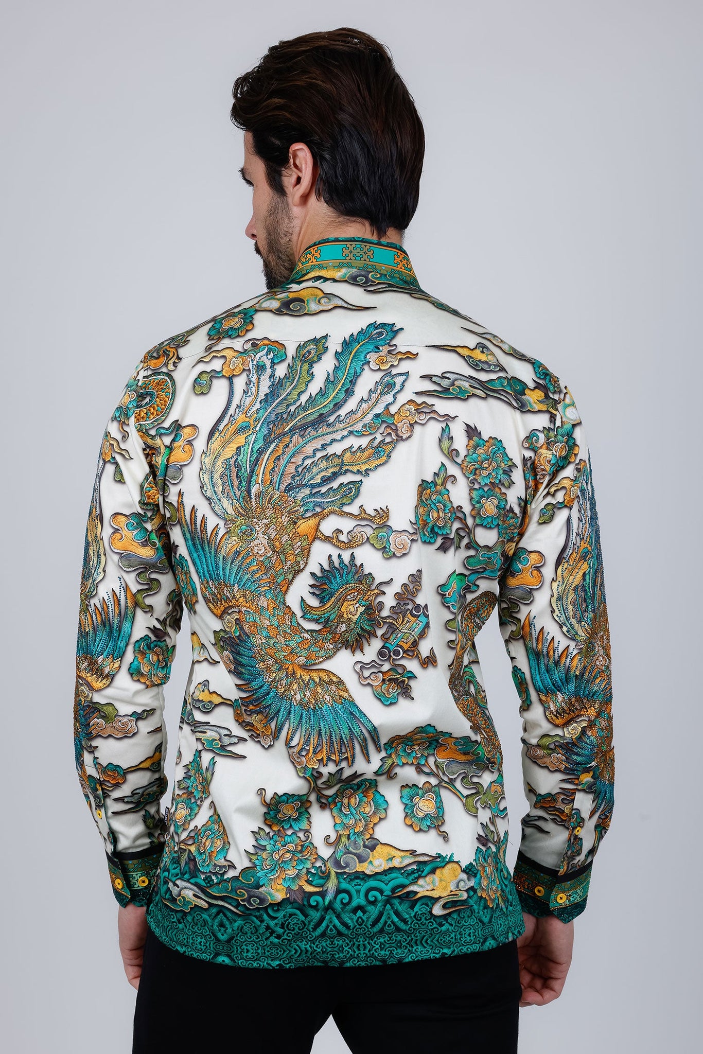 Barabas Wholesale Men's Rhinestone Floral Rooster Long Sleeve Shirts 4SPR10 Lime