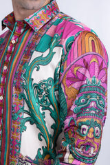 Barabas Wholesale Men's Rhinestone Floral Dragon Long Sleeve Shirts 4SPR11 Pink