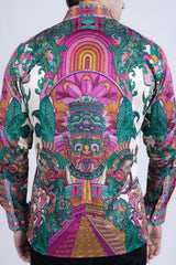 Barabas Wholesale Men's Rhinestone Floral Dragon Long Sleeve Shirts 4SPR11  Fuchsia