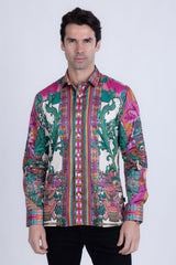 Barabas Wholesale Men's Rhinestone Floral Dragon Long Sleeve Shirts 4SPR11  Fuchsia