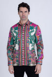 Barabas Wholesale Men's Rhinestone Floral Dragon Long Sleeve Shirts 4SPR11  Fuchsia