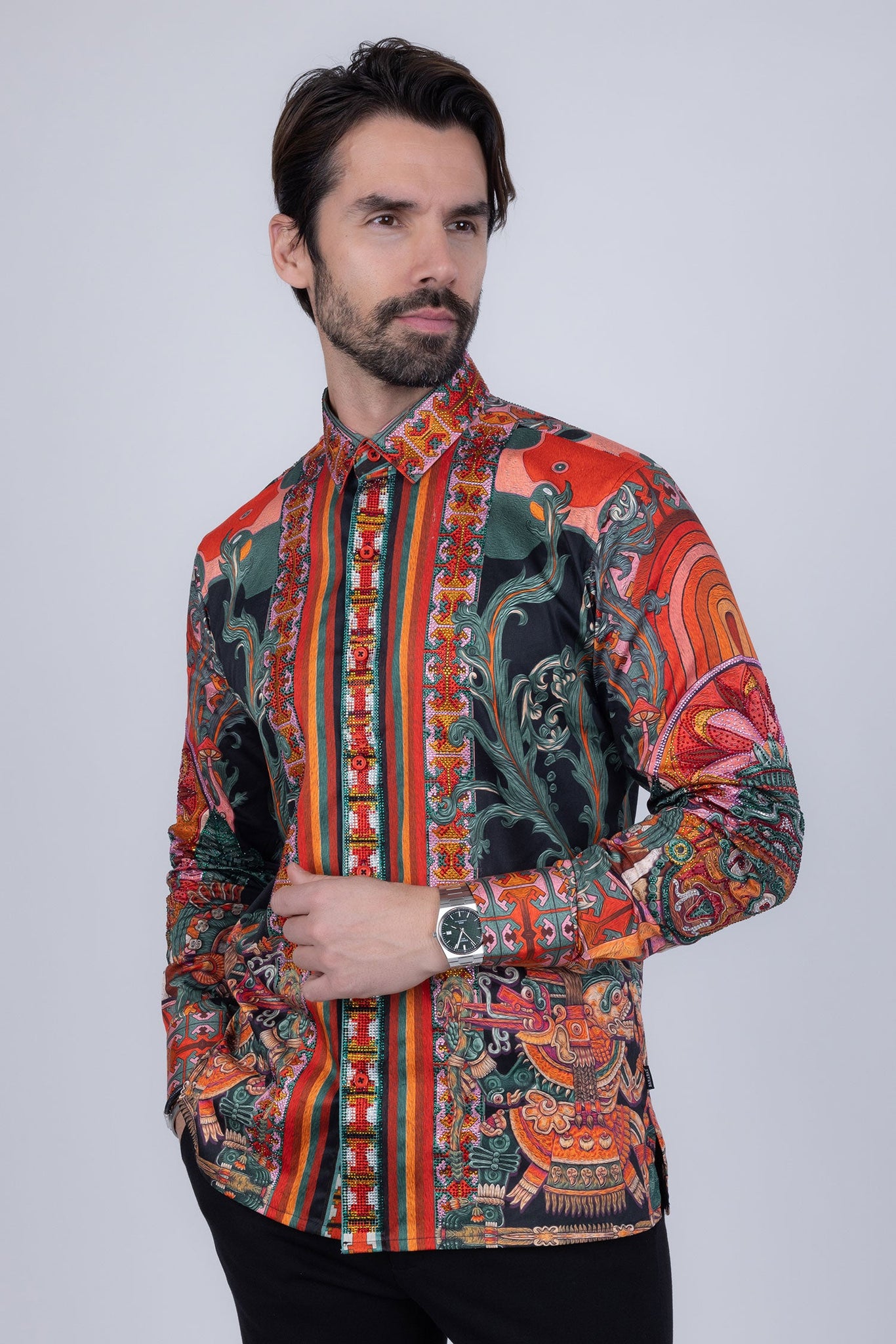 Barabas Wholesale Men's Rhinestone Floral Dragon Long Sleeve Shirts 4SPR11 Orange