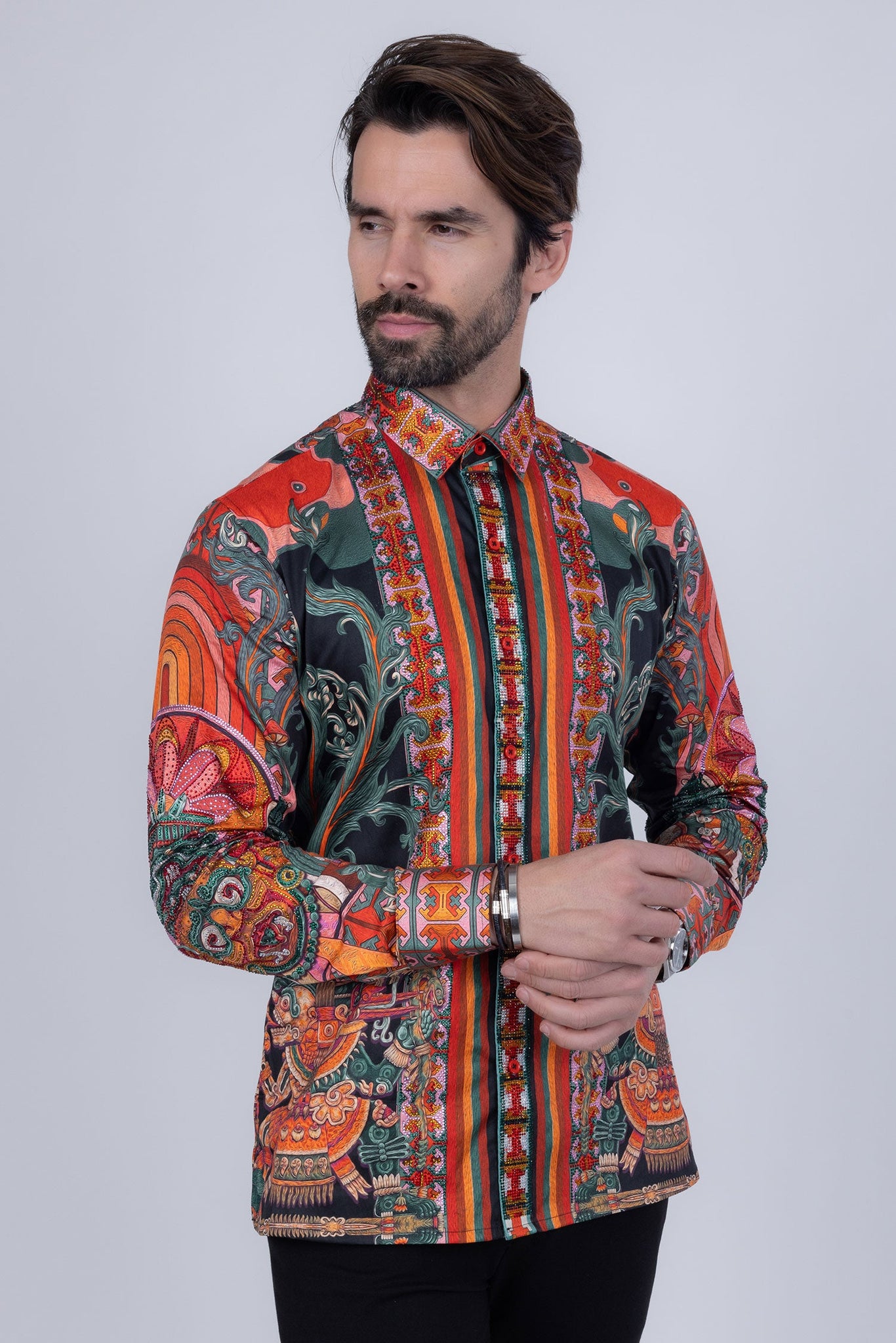 Barabas Wholesale Men's Rhinestone Floral Dragon Long Sleeve Shirts 4SPR11 Orange