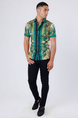 Barabas Wholesale Men's Rhinestone Floral Rooster Short Sleeve Shirt 4SSR10 Green