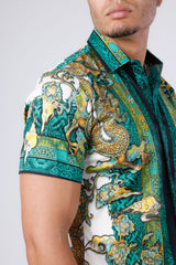 Barabas Wholesale Men's Rhinestone Floral Rooster Short Sleeve Shirt 4SSR10 Yellow