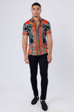 Barabas Wholesale Men's Rhinestone Floral Dragon Short Sleeve Shirt 4SSR11 Red