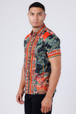 Barabas Wholesale Men's Rhinestone Floral Dragon Short Sleeve Shirt 4SSR11 Red