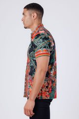 Barabas Wholesale Men's Rhinestone Floral Dragon Short Sleeve Shirt 4SSR11 Green