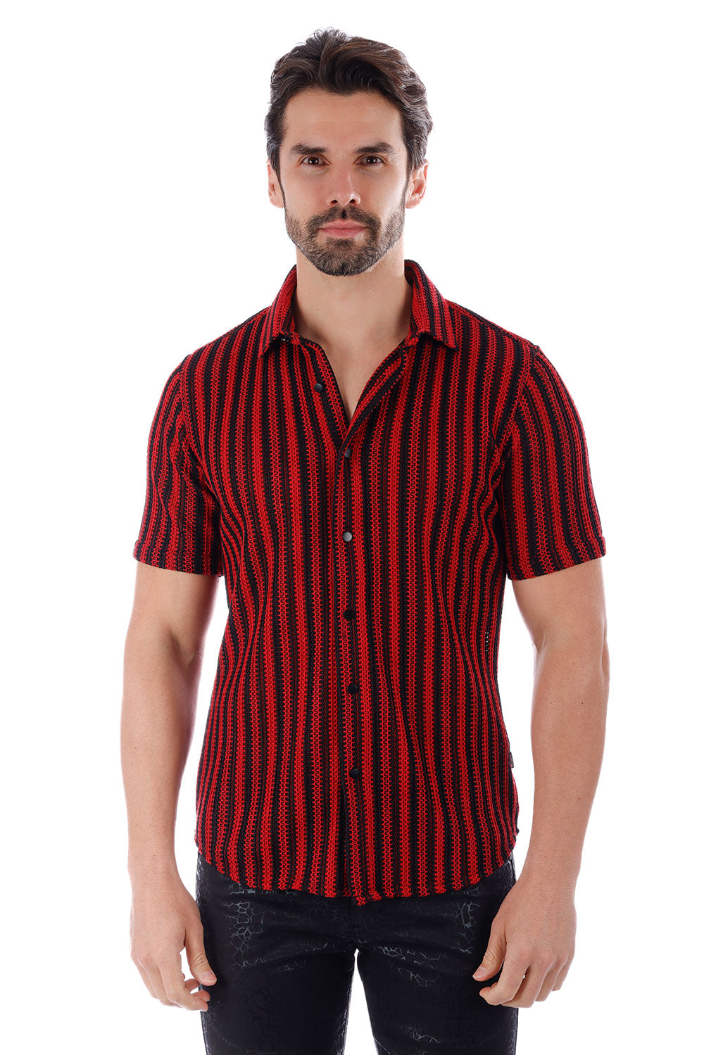 BARABAS Men's Knit Striped Crochet Knitted Short Sleeve Shirts 4SST01 Red