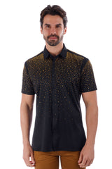 BARABAS Men's Wholesale Rhinestones Button Down Short Sleeve Shirts 4SST06 Black Gold