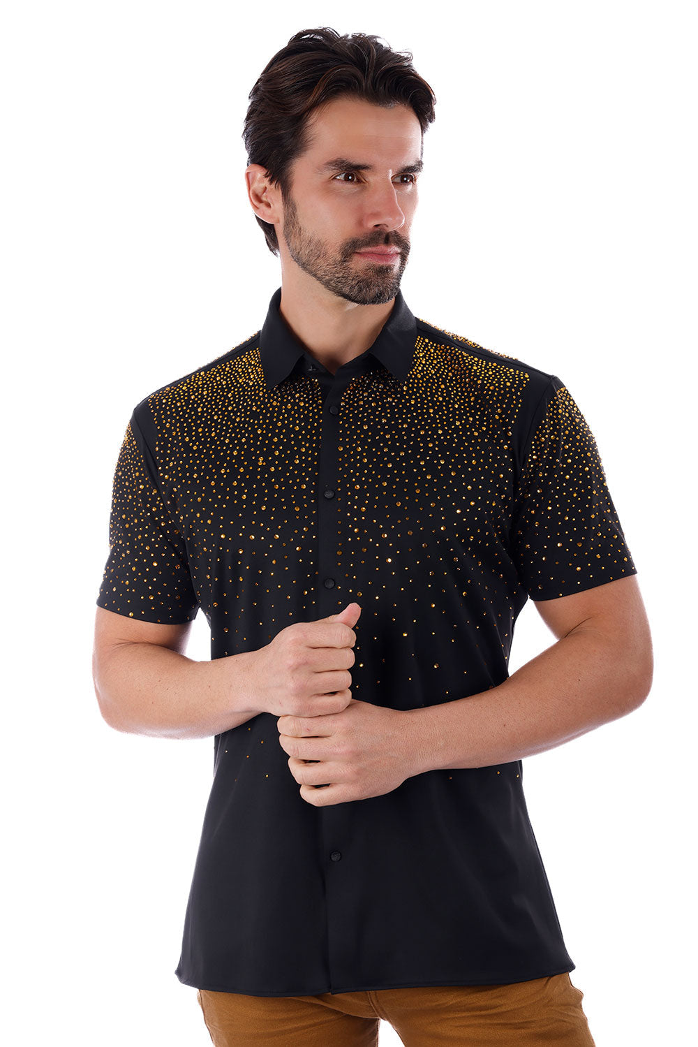 BARABAS Men's Wholesale Rhinestones Button Down Short Sleeve Shirts 4SST06 Black Gold