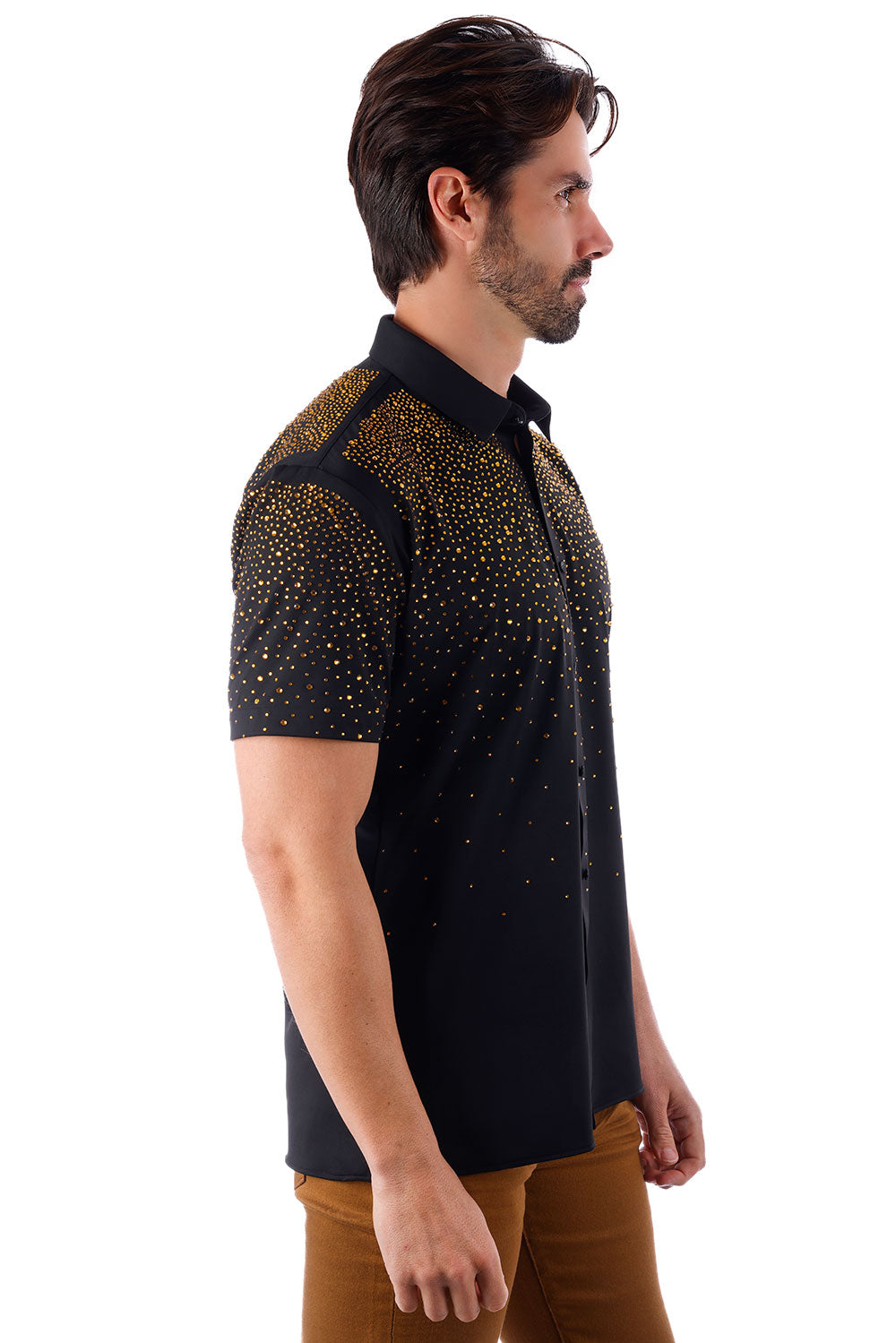 BARABAS Men's Wholesale Rhinestones Button Down Short Sleeve Shirts 4SST06 Black Gold