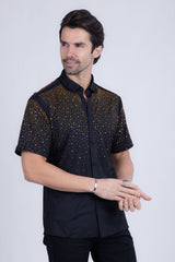 Barabas Wholesale Men's Rhinestones Button Down Short Sleeve Shirts 4SST06 Black Gold