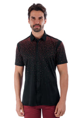 BARABAS Men's Wholesale Rhinestones Button Down Short Sleeve Shirts 4SST06 Black Red