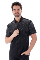 BARABAS Men's Wholesale Rhinestones Button Down Short Sleeve Shirts 4SST06 Black Silver