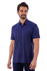 BARABAS Men's Wholesale Rhinestones Button Down Short Sleeve Shirts 4SST06 Navy Blue