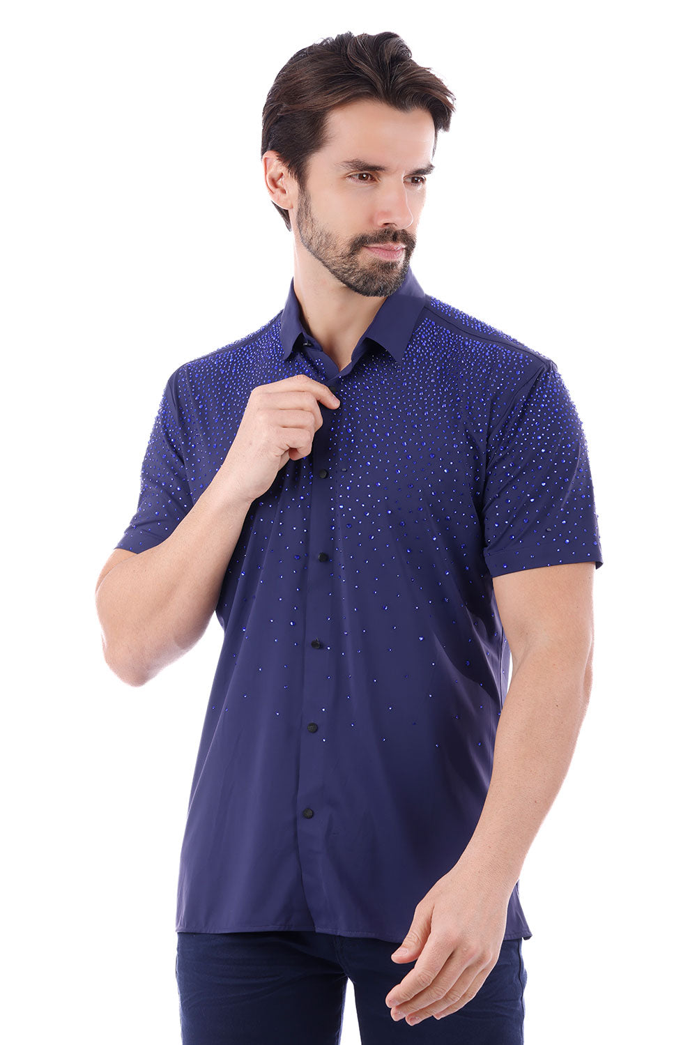 BARABAS Men's Wholesale Rhinestones Button Down Short Sleeve Shirts 4SST06 Navy Blue