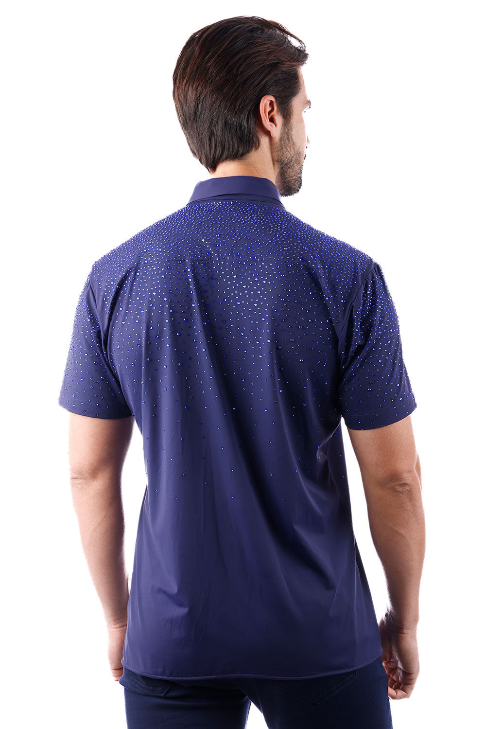 BARABAS Men's Wholesale Rhinestones Button Down Short Sleeve Shirts 4SST06 Navy Blue