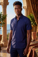 Barabas Wholesale Men's Rhinestones Button Down Short Sleeve Shirts 4SST06 Navy Blue