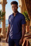Barabas Wholesale Men's Rhinestones Button Down Short Sleeve Shirts 4SST06 Navy Blue