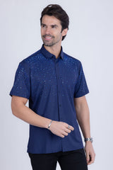 Barabas Wholesale Men's Rhinestones Button Down Short Sleeve Shirts 4SST06 Navy Blue