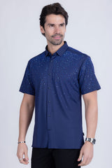 Barabas Wholesale Men's Rhinestones Button Down Short Sleeve Shirts 4SST06 Navy Blue