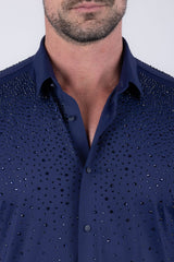 Barabas Wholesale Men's Rhinestones Button Down Short Sleeve Shirts 4SST06 Navy