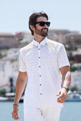 Barabas Wholesale Men's Rhinestones Button Down Short Sleeve Shirts 4SST06 White Gold