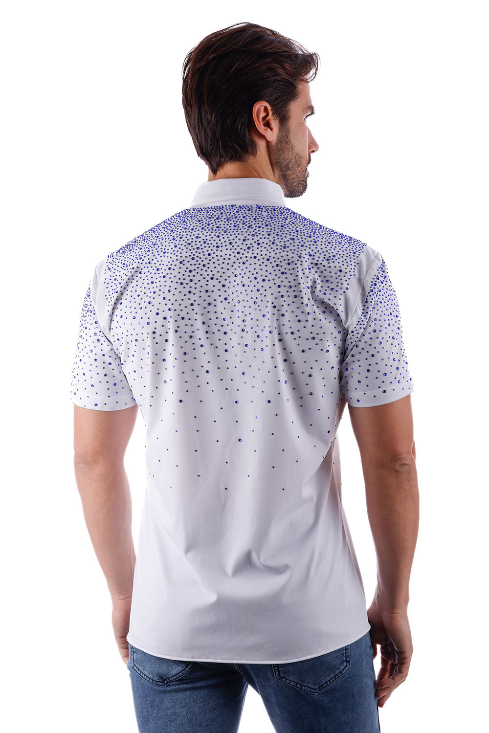 BARABAS Men's Wholesale Rhinestones Button Down Short Sleeve Shirts 4SST06 White Blue