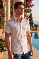 Barabas Wholesale Men's Rhinestones Button Down Short Sleeve Shirts 4SST06 White Blue
