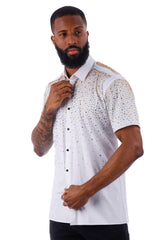 BARABAS Men's Wholesale Rhinestones Button Down Short Sleeve Shirts 4SST06 White Gold