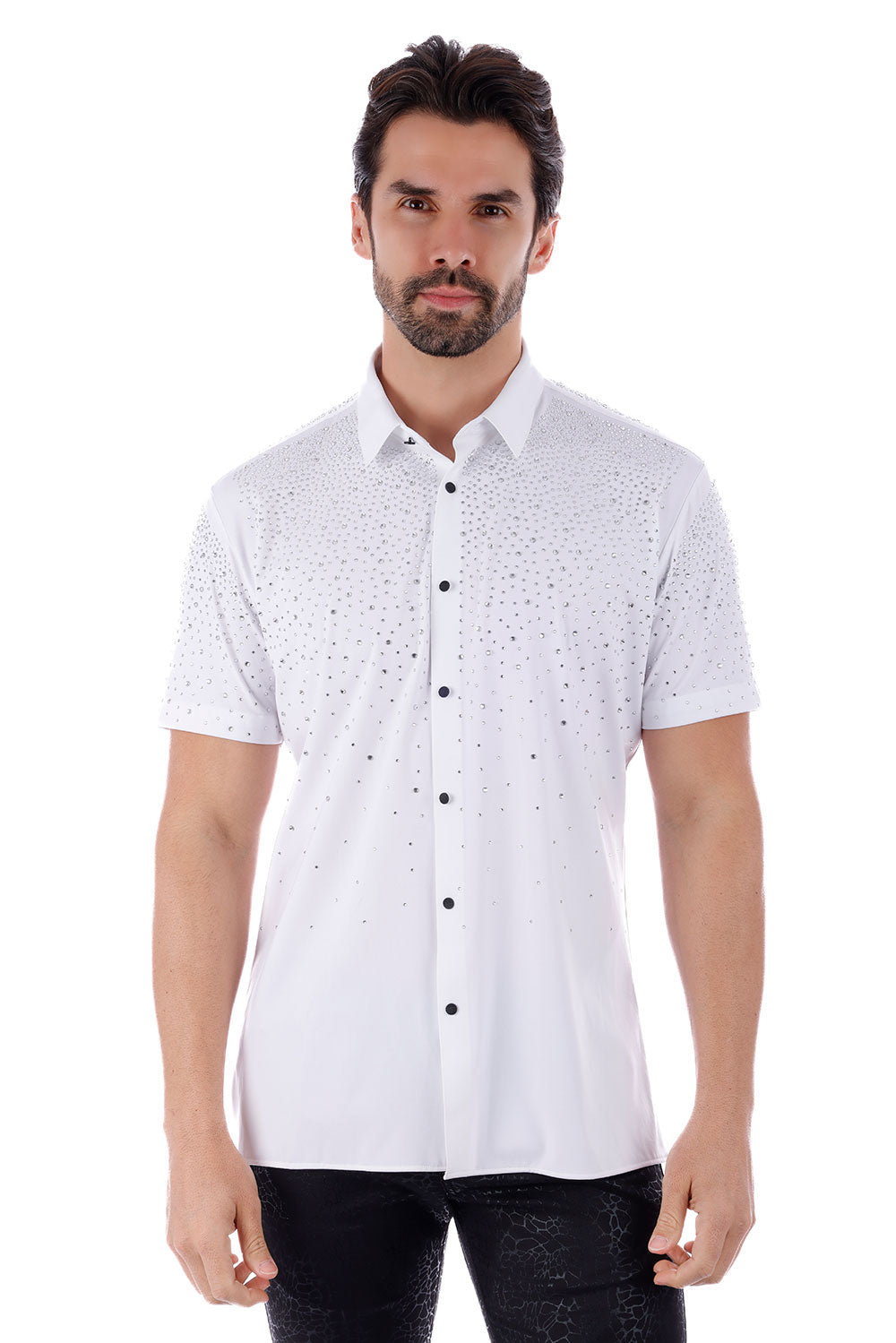 BARABAS Men's Wholesale Rhinestones Button Down Short Sleeve Shirts 4SST06 White Silver