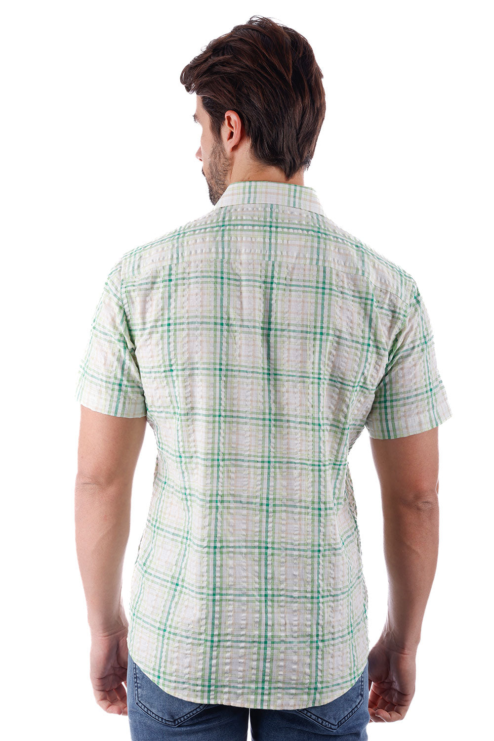 BARABAS Men's Wholesale Striped Checkered Short Sleeve Shirts 4SST09 Green White