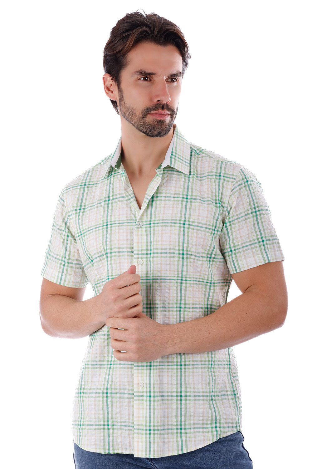 BARABAS Men's Wholesale Striped Checkered Short Sleeve Shirts 4SST09 Green White