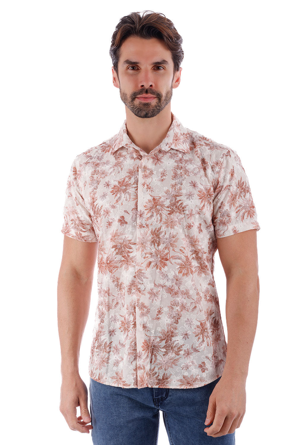 BARABAS Men's Wholesale Floral Button Down Short Sleeve Shirts 4SST11 Cream