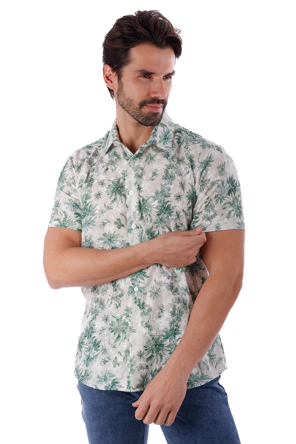 BARABAS Men's Wholesale Floral Button Down Short Sleeve Shirts 4SST11 Green