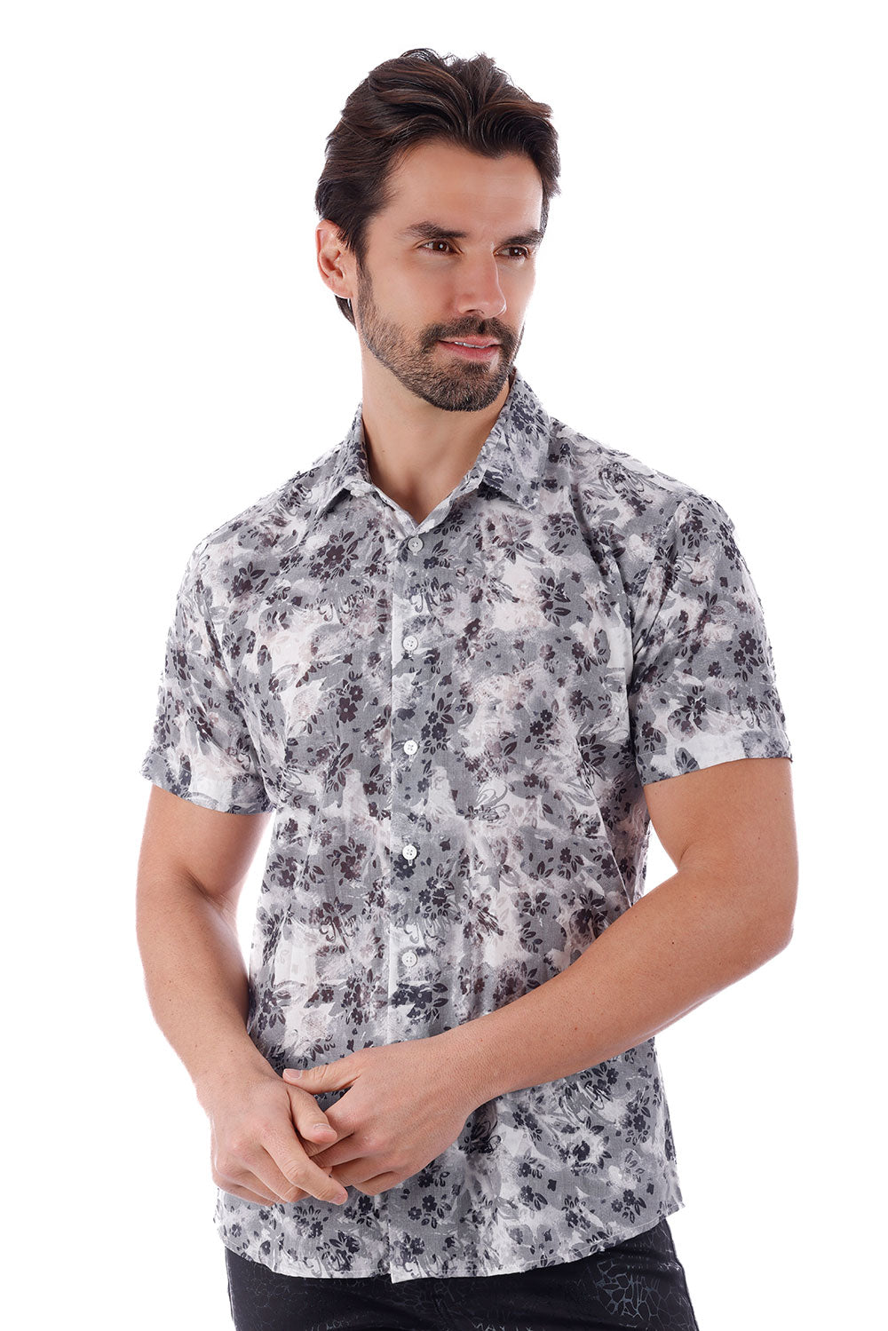 BARABAS Men's Wholesale Floral Rose Button Down Short Sleeve Shirts 4SST12 Grey