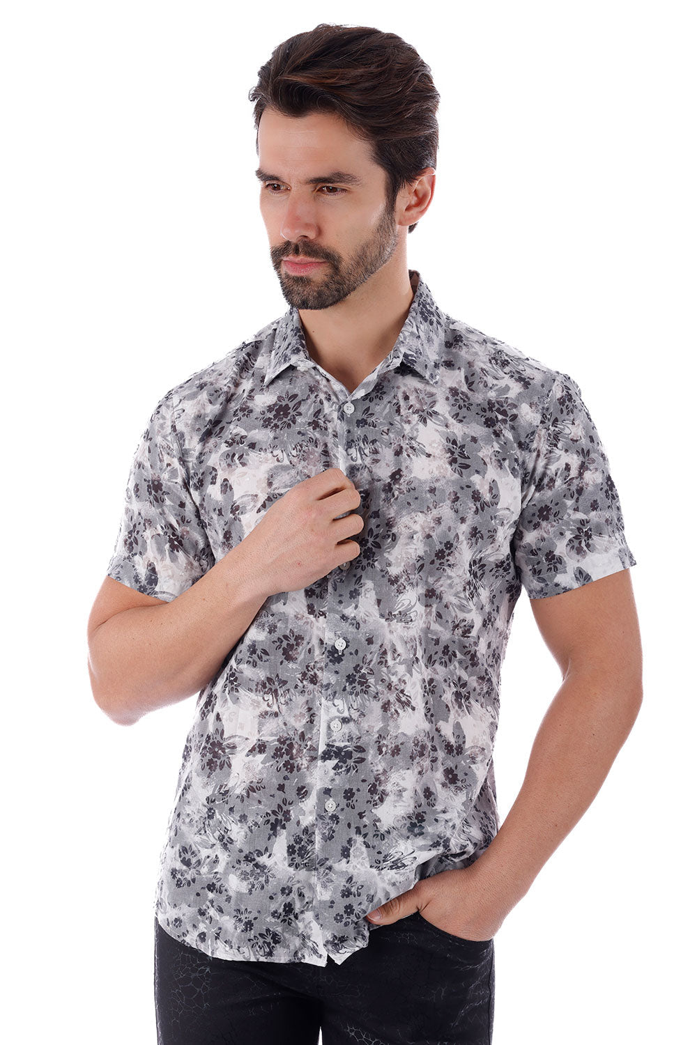 BARABAS Men's Wholesale Floral Rose Button Down Short Sleeve Shirts 4SST12 Grey