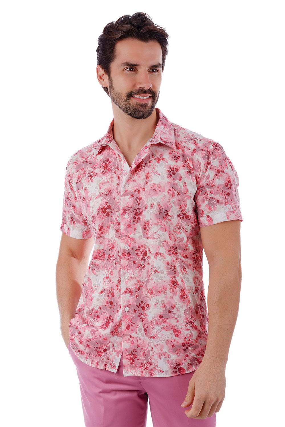 BARABAS Men's Wholesale Floral Rose Button Down Short Sleeve Shirts 4SST12 Pink