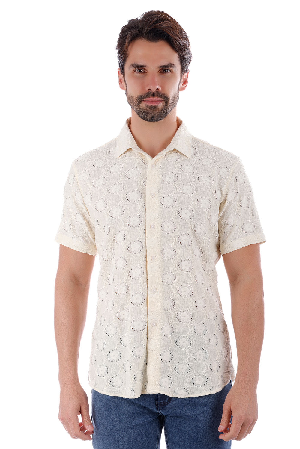 BARABAS Men's Wholesale Floral Rose Button Down Short Sleeve Shirts 4SST13 Cream